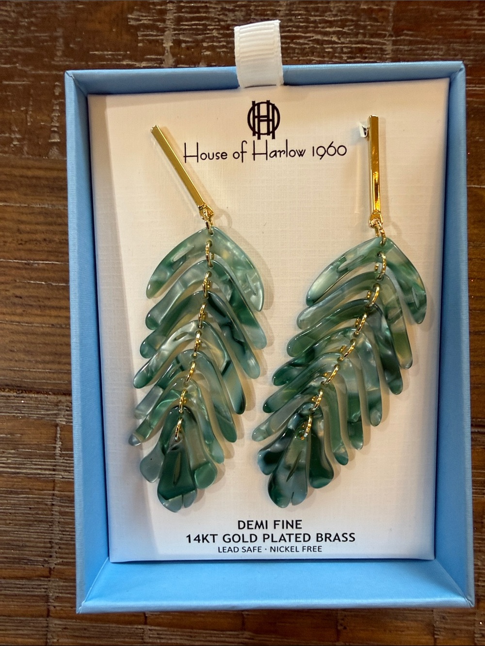 House of Harlow 1960 Green Leaf Drop Earrings 14kt Gold Plated Brass
